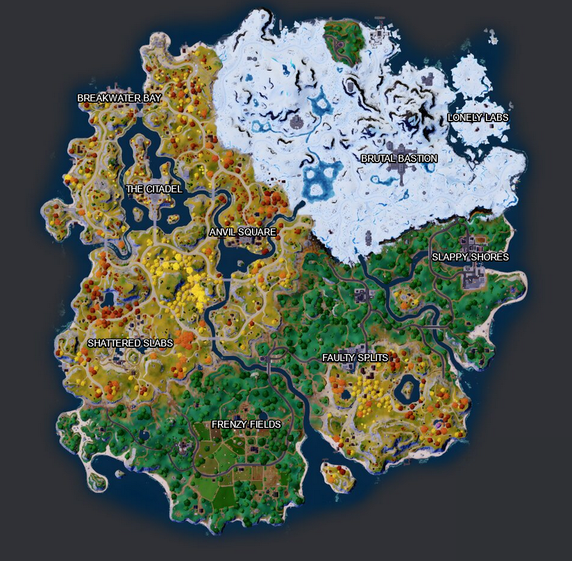 Mapa de la Temporada 1 del Capítulo 4 de Fortnite con PDI con nombre