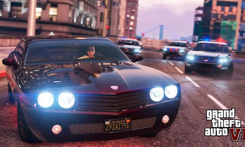 Franklin driving in GTA 5 with GTA 6 logo