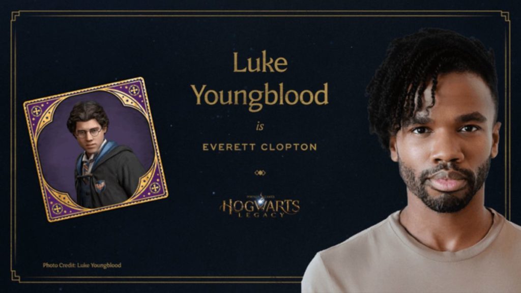 Luke Youngblood con el personaje de Hogwarts Legacy