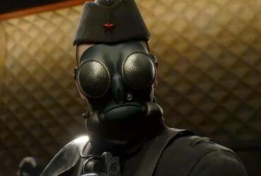 Atomic Heart character wearing gas mask