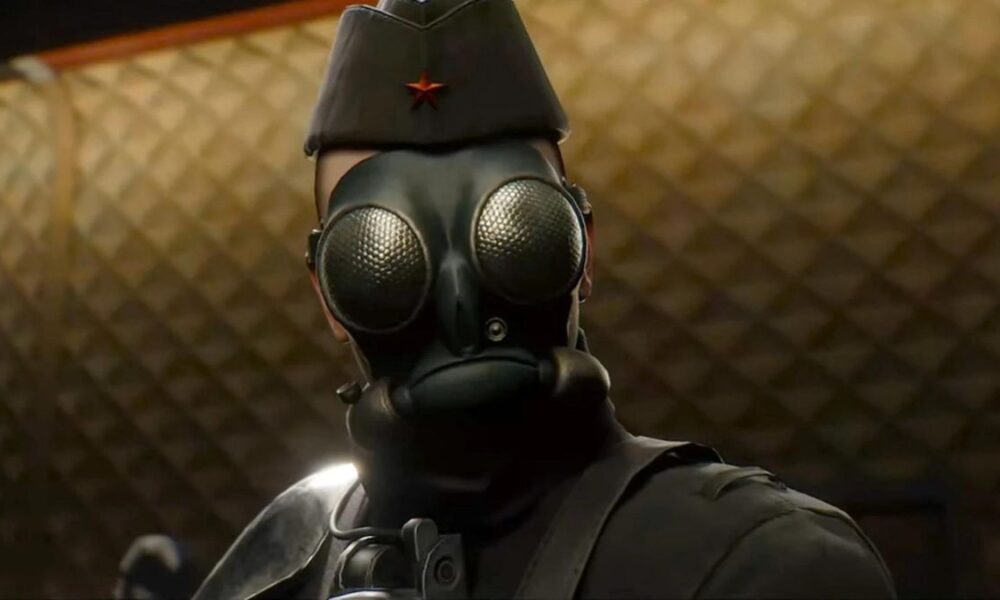 Atomic Heart character wearing gas mask