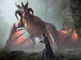 hogwarts legacy character facing off with dragon