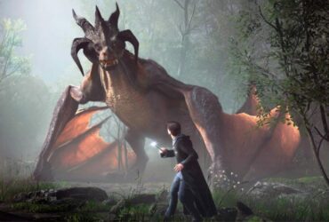 hogwarts legacy character facing off with dragon