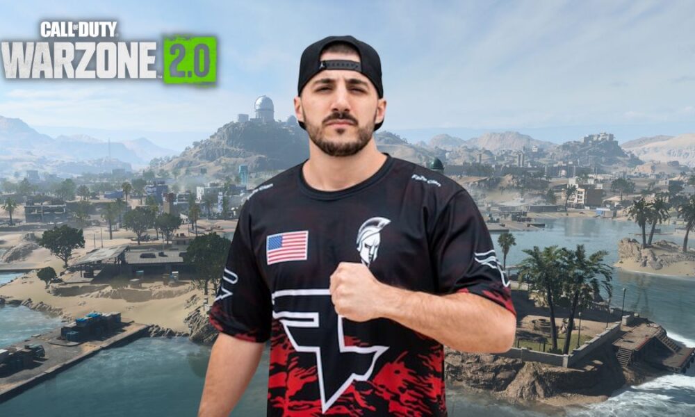 NICKMERCS in front of Warzone 2 Al Mazrah map