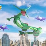 Three pokemon flying over a city