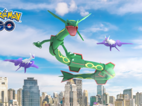 Three pokemon flying over a city