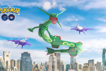 Three pokemon flying over a city