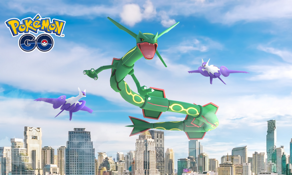 Three pokemon flying over a city