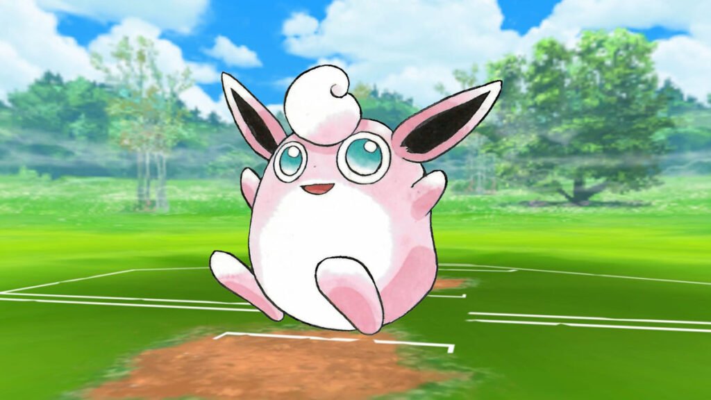 Wigglytuff en un fondo de batalla pokemon