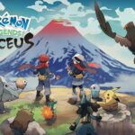 Pokemon Legends Arceus cover art with main characters, lots of pokemon and a volcano