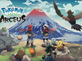 Pokemon Legends Arceus cover art with main characters, lots of pokemon and a volcano