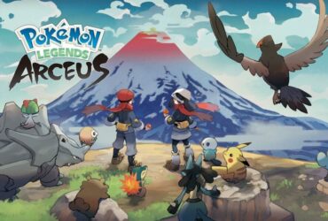 Pokemon Legends Arceus cover art with main characters, lots of pokemon and a volcano