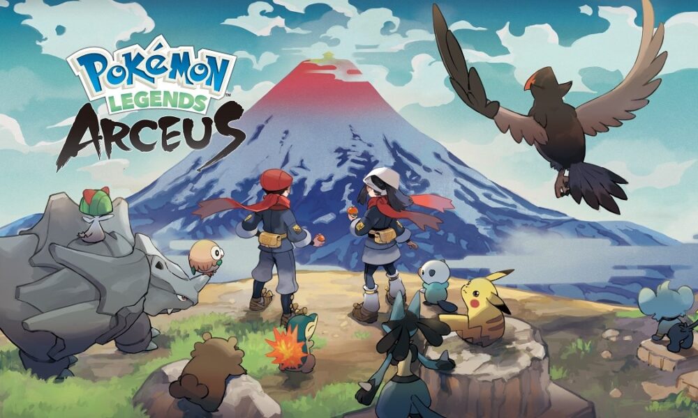 Pokemon Legends Arceus cover art with main characters, lots of pokemon and a volcano