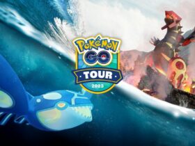 Kyogre and Groudon with the Pokemon Go Tour: Hoenn logo