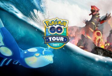 Kyogre and Groudon with the Pokemon Go Tour: Hoenn logo