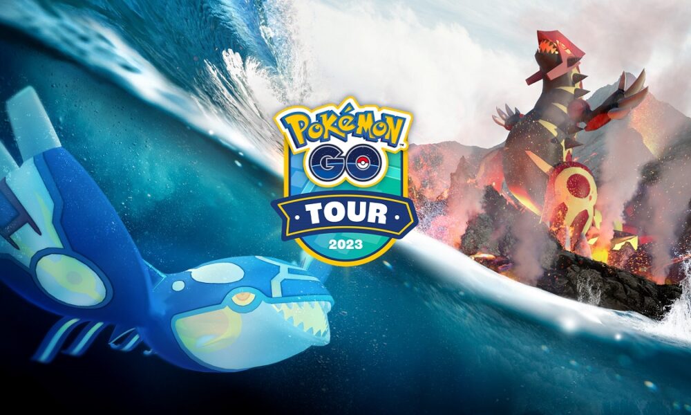 Kyogre and Groudon with the Pokemon Go Tour: Hoenn logo