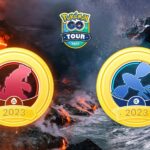 a Ruby and a Sapphire badge with the Pokemon Go Tour logo and a background with fire and water