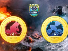 a Ruby and a Sapphire badge with the Pokemon Go Tour logo and a background with fire and water