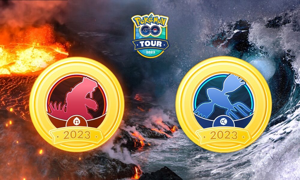 a Ruby and a Sapphire badge with the Pokemon Go Tour logo and a background with fire and water