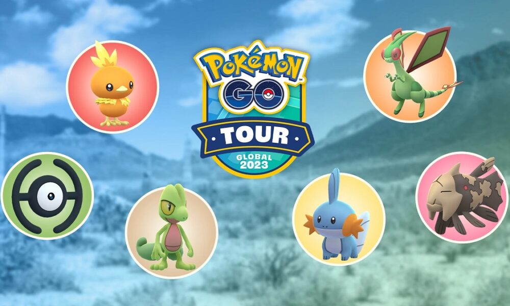 Pokemon Go Tour logo surrounded by featured Hoenn Pokemon