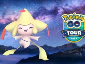 Shiny Jirachi alongside a Pokemon Go Tour 2023 logo