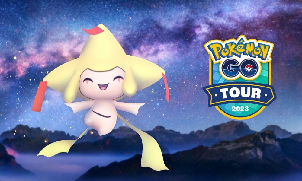 Shiny Jirachi alongside a Pokemon Go Tour 2023 logo