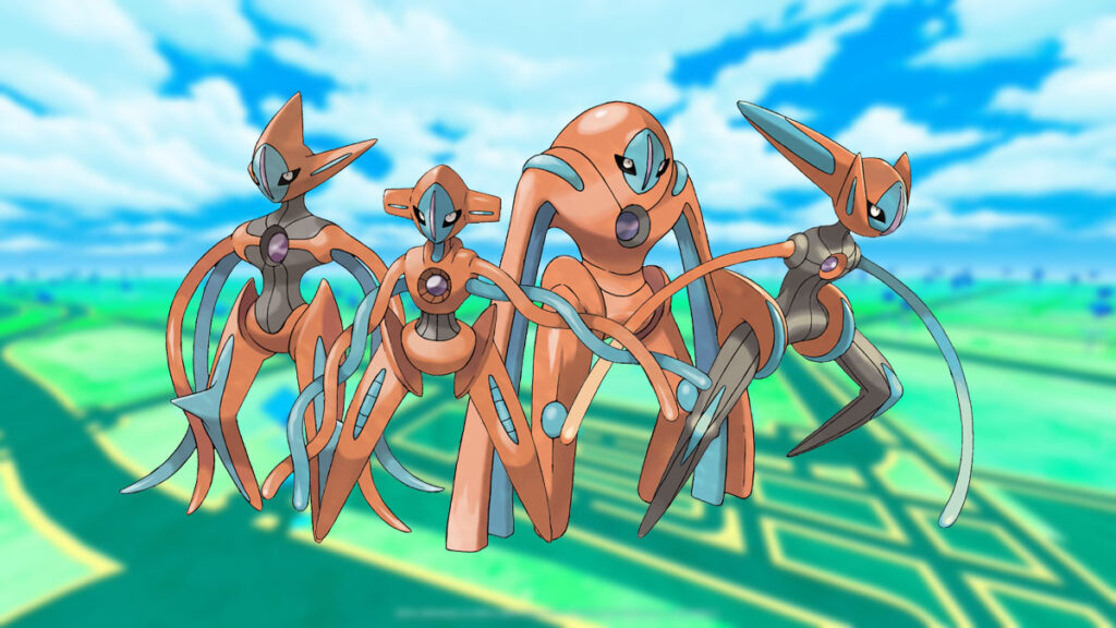 Las cuatro Deoxys Formes en un fondo de Pokémon Go