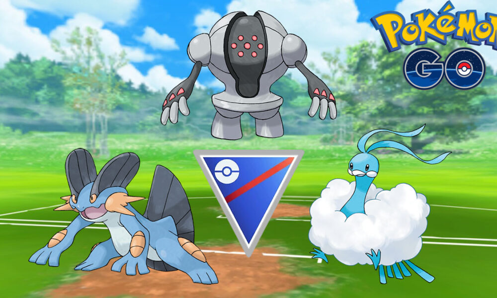 Three Pokemon on a battle arena with Pokemon Go logos