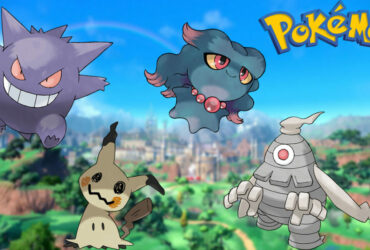 Four Ghost-type Pokemon in a Pokemon Scarlet and Violet background