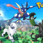 four Dark-type Pokemon with the Pokemon logo