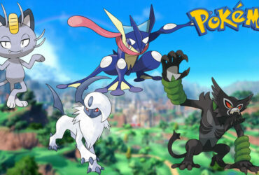 four Dark-type Pokemon with the Pokemon logo