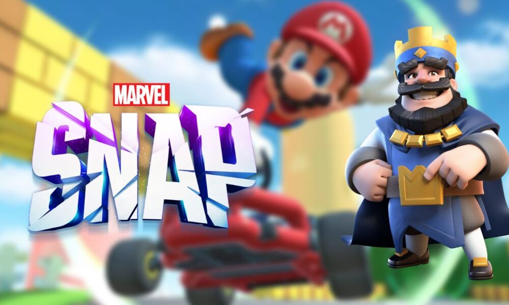 Marvel Snap logo, Clash Royale's King, and Mario Kart Tour cover