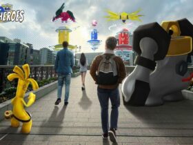 Gholdengo. Melmetal and trainers in a Pokemon Go poster