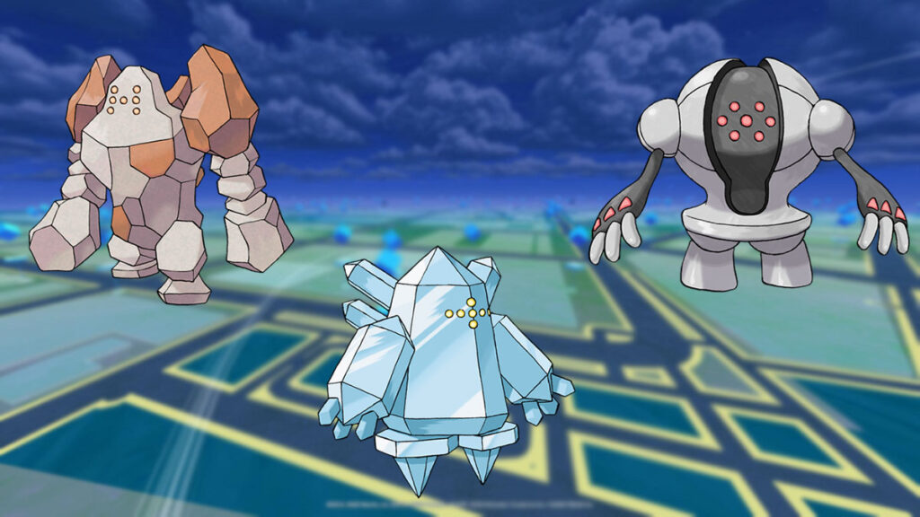 Regirock, Regice y Registeel en un fondo de Pokémon Go