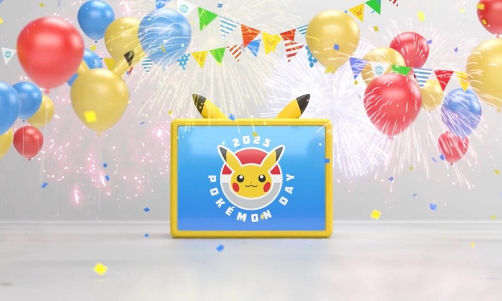 2023 Pokemon Day logo and colored balloons