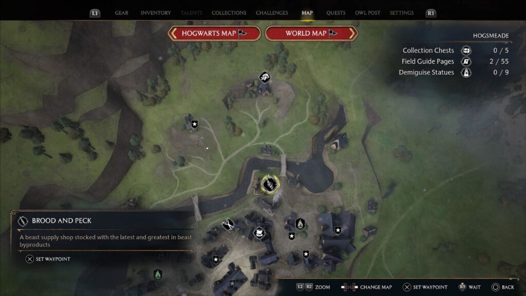 Brood y Peck marcados en el mapa de Hogwarts Legacy