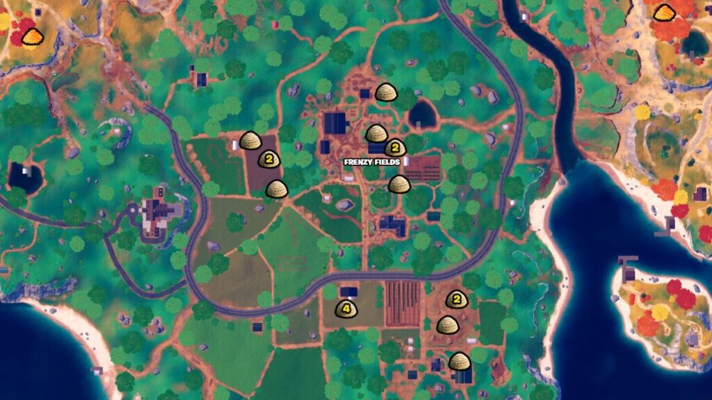 Ubicaciones de Fortnite Haystack marcadas en el mapa. 