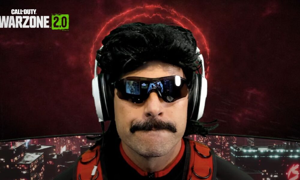 Dr Disrespect on stream with Warzone 2 logo