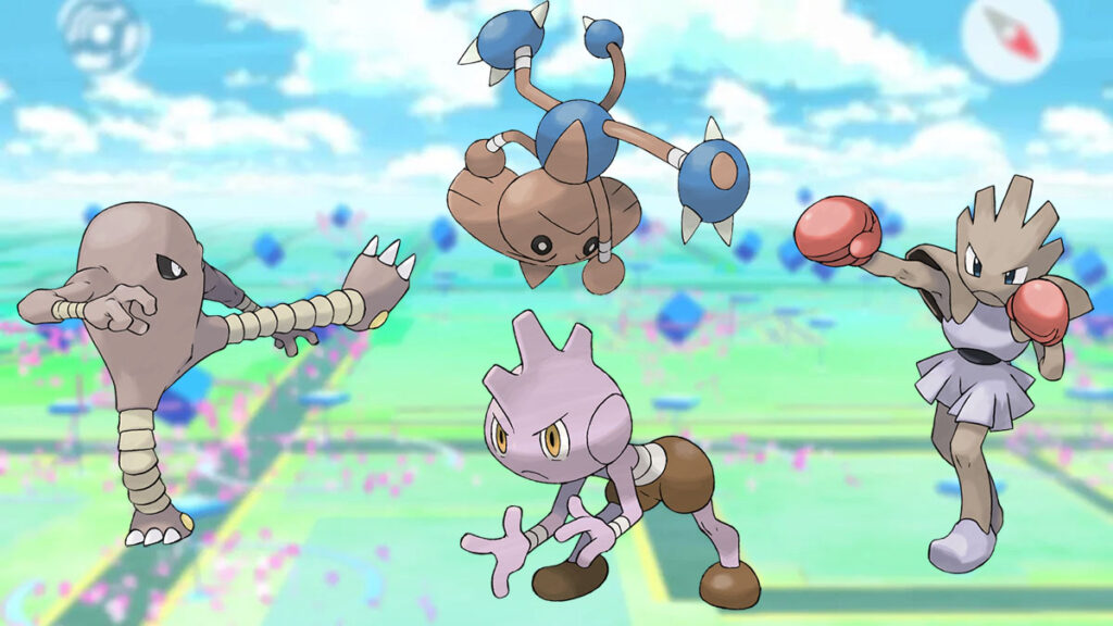Hitmonlee, Hitmontop, Hitmonchan y Tyrogue en un fondo de Pokémon Go