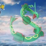 Rayquaza in the sky with a Pokemon Go logo