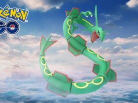 Rayquaza in the sky with a Pokemon Go logo