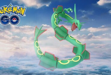 Rayquaza in the sky with a Pokemon Go logo