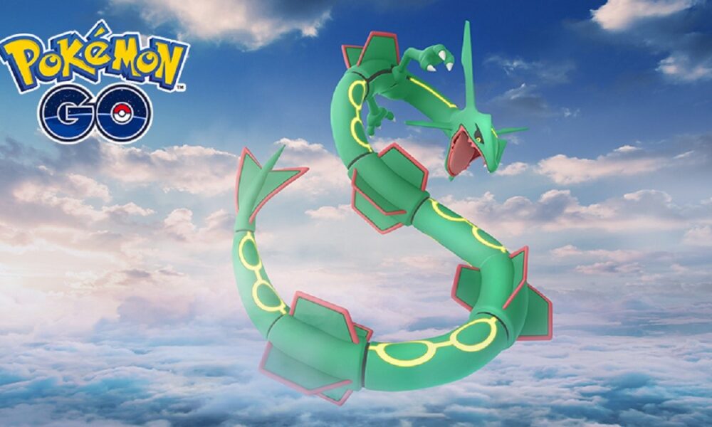 Rayquaza in the sky with a Pokemon Go logo