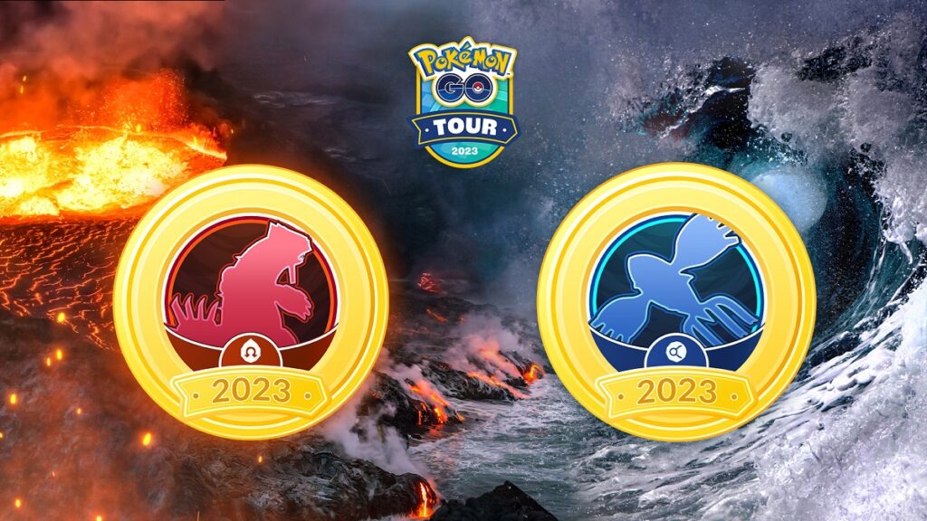 una insignia de rubí y zafiro con el logotipo de Pokémon Go Tour y un fondo con fuego y agua