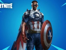 Sam Wilson Captain America with Fortnite logo