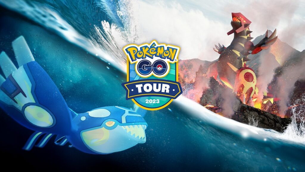 Kyogre y Groudon con el logotipo de Pokemon Go Tour: Hoenn