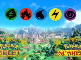 Pokemon Scarlet and Violet background with Pokemon type logos