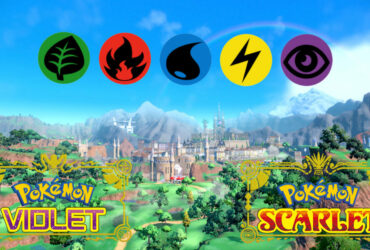 Pokemon Scarlet and Violet background with Pokemon type logos