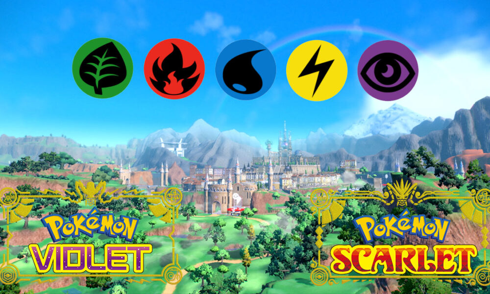 Pokemon Scarlet and Violet background with Pokemon type logos