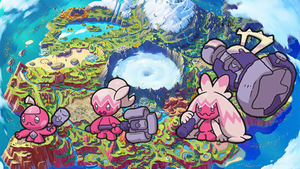 Tinkatink, Tinkatuff y Tinkaton con un mapa de la Región de Paldea en Pokémon Escarlata y Violeta